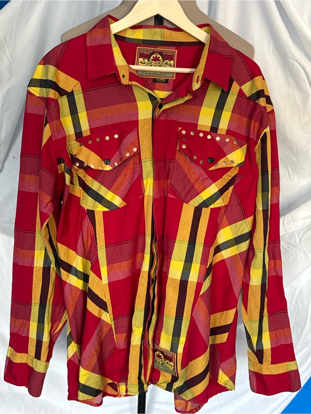 Raw Diamond Studded Western Plaid Cotton Shirt Men’s XL